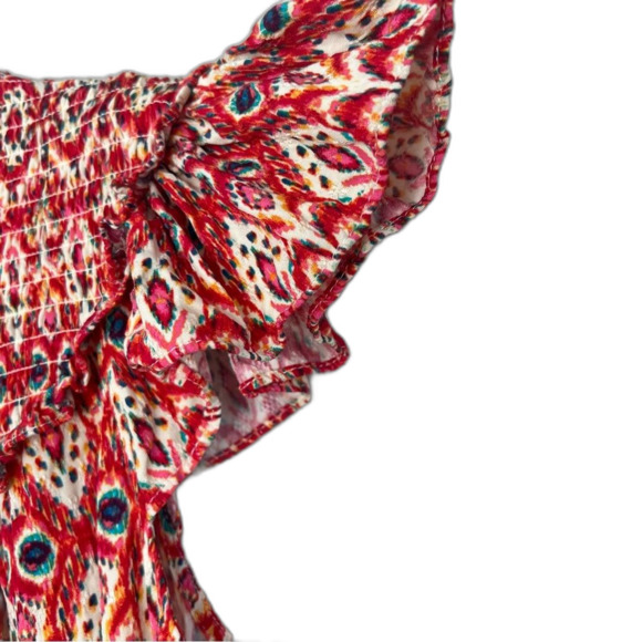 Rose & Olive Smocked Cap Sleeve Keyhole Back Western Print Boho Blouse SZ L - Picture 7 of 13